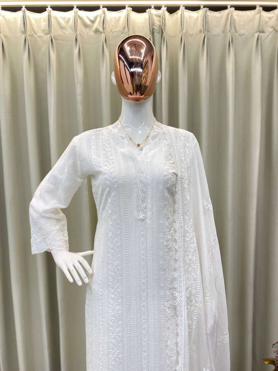 Women's Chinon Silk with Cotton Thread Embroidery Straight Kurti With Pant and Dupatta set - Image 22