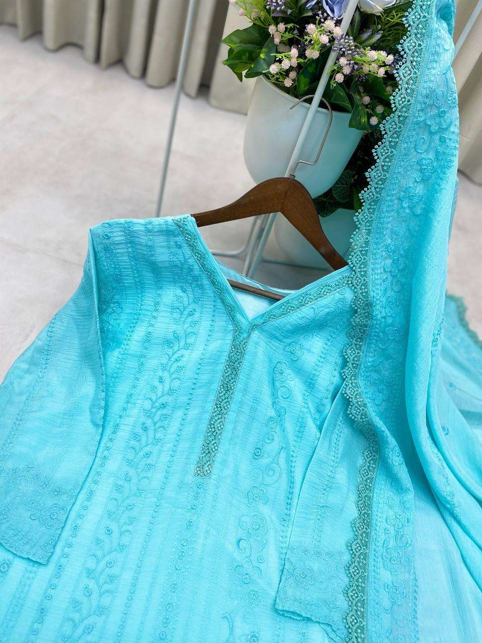 Women's Chinon Silk with Cotton Thread Embroidery Straight Kurti With Pant and Dupatta set - Image 18